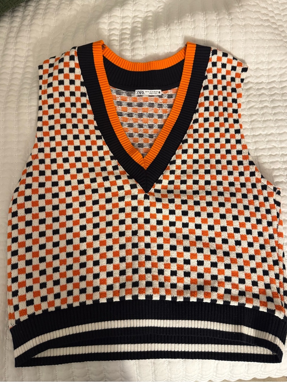 Zara Orange Black White Checkered V-Neck Sweater Vest